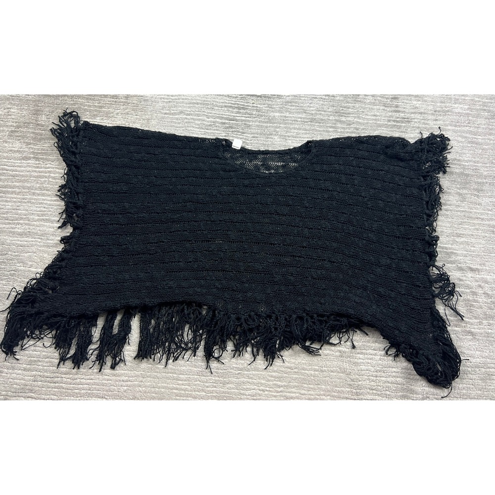 Unbranded Poncho Women OS Black Knit Fringe Hem Open Weave Boho Cape Top
